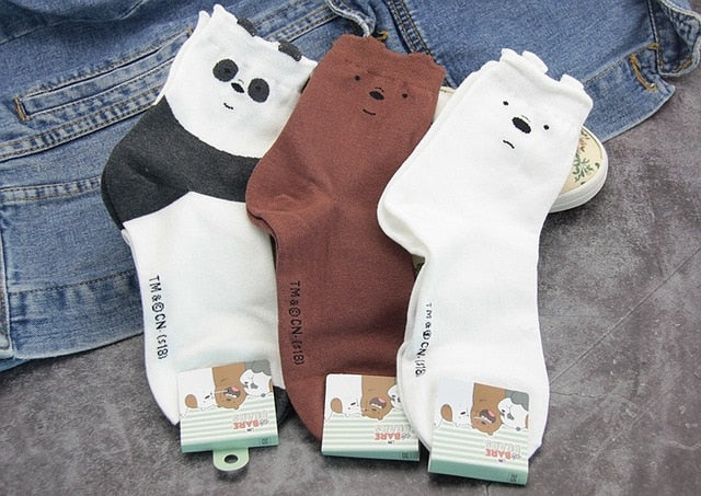 3 Pairs New Cute We Bare Bears Socks Women Soft Breathable Cotton Socks Ankle-High Casual Socks Fashion Style Cartoon Sock
